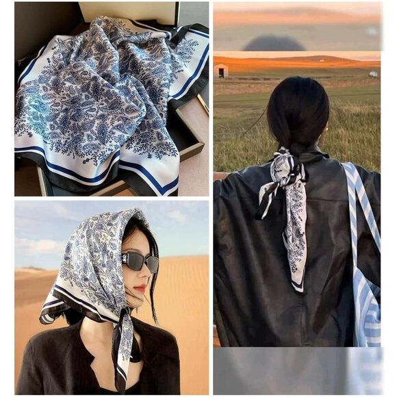 Women Navy Paisley Headscarf Satin Bandana Pattern Polyester Breathable Scarves - Picture 6 of 7